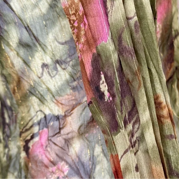 Lise P Paris Sheer Crinkle Button Front Blouse T3 Olive Floral Metallic - Picture 5 of 7